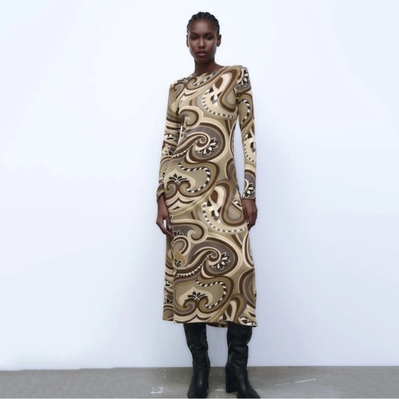 Zara Printed Bodycon Dress Sz L - Picture 3 of 8